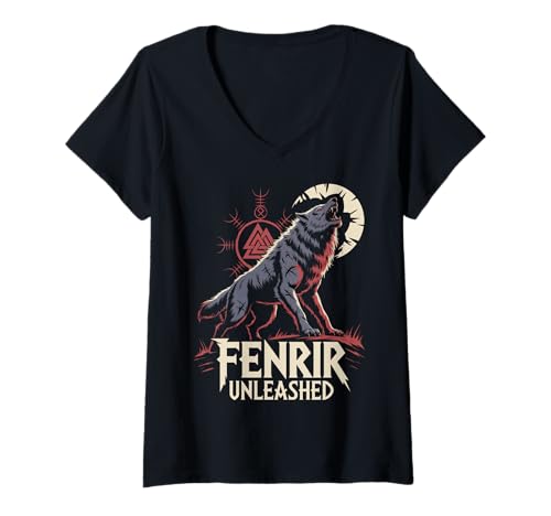 Damen Fenrir nordischer Wolf - Wikinger Valknut Keltisches Symbol Mythologie T-Shirt mit V-Ausschnitt von Steps To Valhalla - Norse Viking Wolf Fenrir