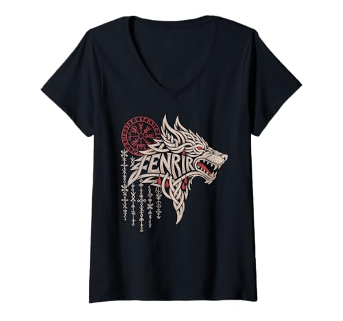 Damen Knotwork Fenrir Wikinger Wolf - Norse Valknut Vegvisir Kompass T-Shirt mit V-Ausschnitt Damen Knotwork Fenrir Wikinger Wolf - Norse Valknut Vegvisir Kompass T-Shirt mit V-Ausschnitt von Steps To Valhalla - Norse Viking Wolf Fenrir