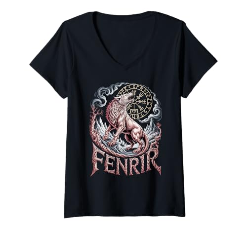 Damen Nordic Fenrir Keltischer Kompass - Nordischer Wolf Wikinger Vegvisir T-Shirt mit V-Ausschnitt von Steps To Valhalla - Norse Viking Wolf Fenrir