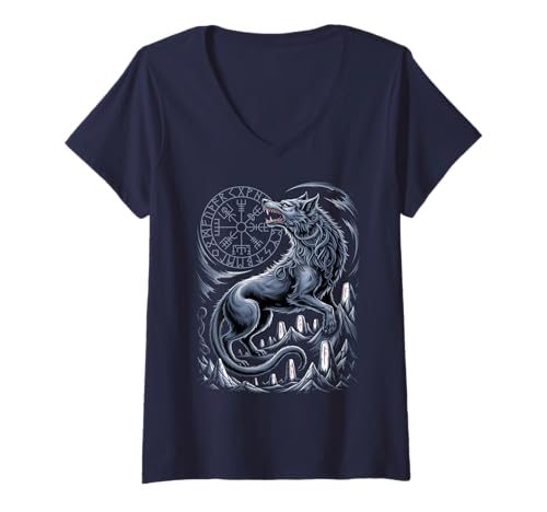 Damen Retro Fenrir Keltischer Kompass - Nordischer Wolf Wikinger Vegvisir T-Shirt mit V-Ausschnitt Damen Retro Fenrir Keltischer Kompass - Nordischer Wolf Wikinger Vegvisir T-Shirt mit V-Ausschnitt von Steps To Valhalla - Norse Viking Wolf Fenrir