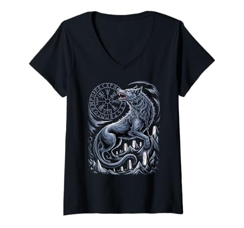 Damen Vintage Fenrir Keltischer Kompass - nordischer Wolf Wikinger Vegvisir T-Shirt mit V-Ausschnitt von Steps To Valhalla - Norse Viking Wolf Fenrir