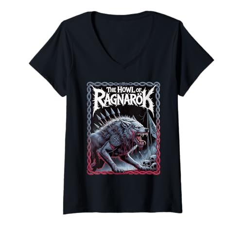 Damen Fenrir The Howl of Ragnarok Norse Myth Viking Legend Wolf T-Shirt mit V-Ausschnitt von Steps To Valhalla
