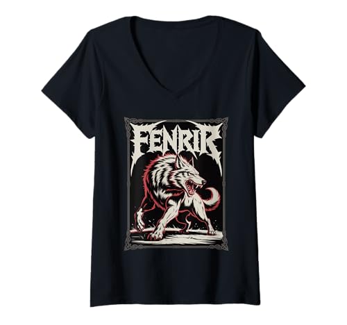 Damen Fenrir der Mythische nordische Wolf Wikinger nordische Legende Kunst T-Shirt mit V-Ausschnitt von Steps To Valhalla