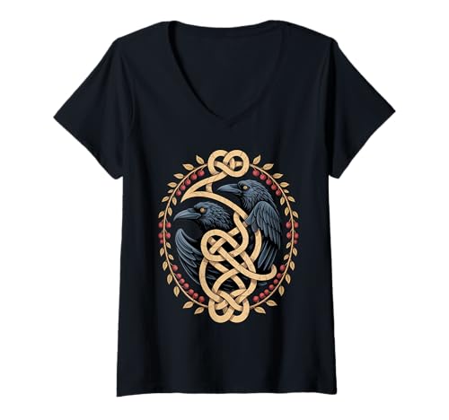 Damen Huginn & Muninn Odin Ravens - nordisches Keltisches Symbol Wikinger T-Shirt mit V-Ausschnitt von Steps To Valhalla