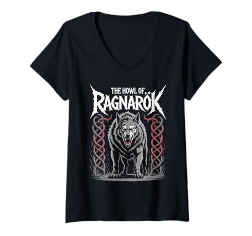 Damen Norse Myth Fenrir Wolf The Howl of Ragnarok Viking Spirit T-Shirt mit V-Ausschnitt von Steps To Valhalla