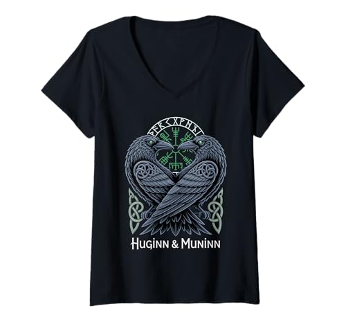 Damen Retro nordischer Huginn Muninn keltischer Wikinger-Kompass Vegvisir T-Shirt mit V-Ausschnitt von Steps To Valhalla