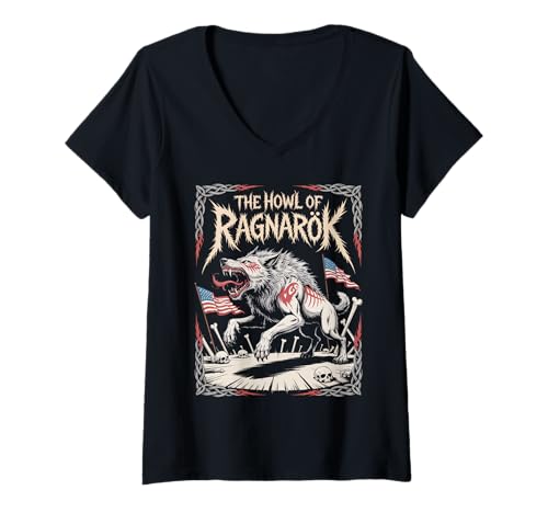 Damen The Howl of Ragnarok Norse Myth Wolf Warrior Viking Saga T-Shirt mit V-Ausschnitt von Steps To Valhalla