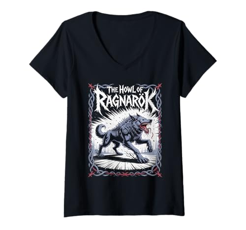 Damen Wolf von Ragnarok Fenrir Wikinger nordischer Krieger Wikinger Legende T-Shirt mit V-Ausschnitt von Steps To Valhalla