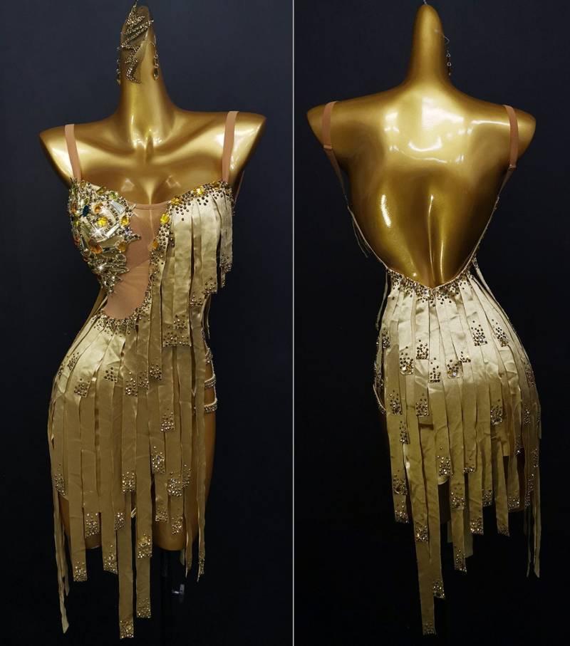 Champagner Gold Fransen Latein Kleid Rhythm Dress L0073 von StepsAndThreads