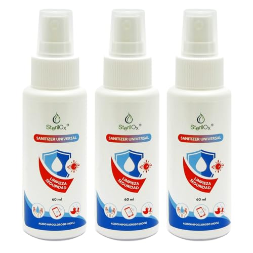 SterilOx Spray 3 x 60 ml – Kosmetiklösung mit hypochloröser Säure, für Hände, Spielzeug, Utensilien und Gegenstände, sicher für Kinder und Haustiere, alkohol- und parfümfrei SterilOx Spray 3 x 60 ml – Kosmetiklösung mit hypochloröser Säure, für Hände, Spielzeug, Utensilien und Gegenstände, sicher für Kinder und Haustiere, alkohol- und parfümfrei von Sterilox