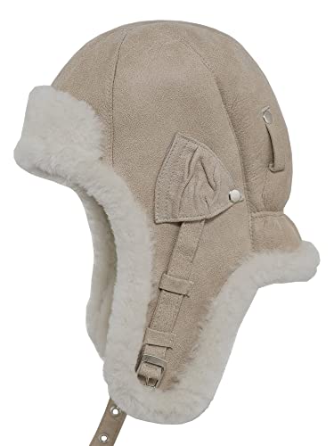 Sterkowski Bomber Aviatormütze | Hochwertige Lamfell Wintermütze | pilotenmütze Herren wintermütze Herren russische mütze Damen mütze jagdhut Herren Ushanka Herren Flieger Cap 57 cm Beige von Sterkowski