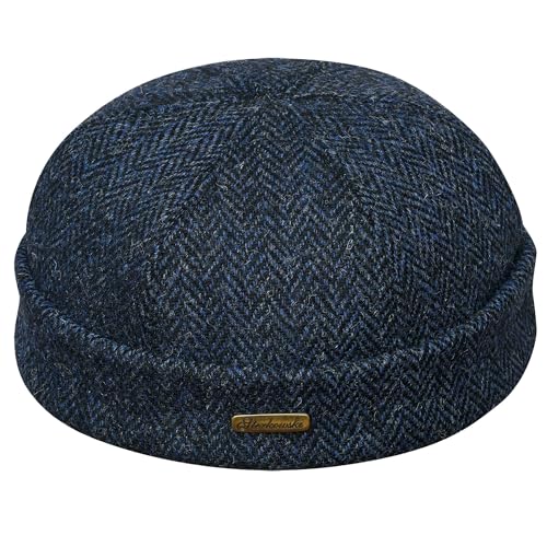 Sterkowski Docker Cap | Echte schottische Harris Tweed Beanie für Damen und Herren | Warme traditionelle reine Wolle Skull Cap, blau / schwarz, 57 EU von Sterkowski