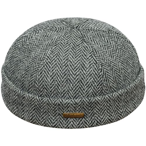 Sterkowski Docker Mütze | Harris Tweed Beanie Kappe für Herren und Frauen | Leon der Profi Cap | Fahrrad Mütze | Kapitänsmütze | Wintermütze | Schwarz/Grau 59 cm von Sterkowski