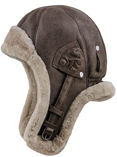 Sterkowski Bomber | Fellmütze Lamfell Wintermütze | Trappermütze Aviatormütze für Herren Damen Russen Mütze Haube Fliegerhaube Mütze Herren Winter Pelzmütze Fliegermütze, 62-63 (Tag XXL), Kakao-Braun von Sterkowski