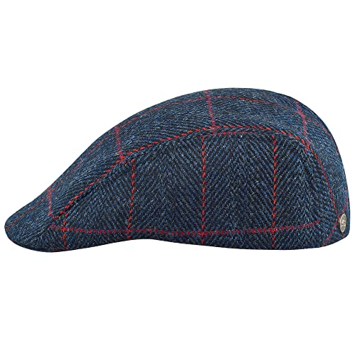 Sterkowski Norte Schiebermütze Herren Tweed | Harris Tweed Schiebermütze Mit Ohrenklappen | Flatcap Herren Newsboy Cap Herren Schirmmütze Herren Schiebermütze Wolle 62 cm Blau/Rot von Sterkowski