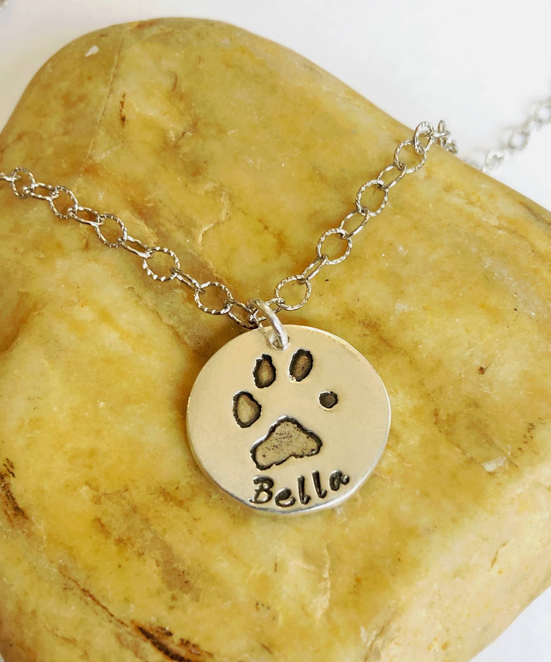 Tatsächliche Pfotenabdruck-Halskette .999 Feinsilber ~ Der Tatsächliche Pfotenabdruck Ihres Hundes Oder Ihrer Katze Mit Handgestempeltem Namen Ein von SterlingHeartSongs
