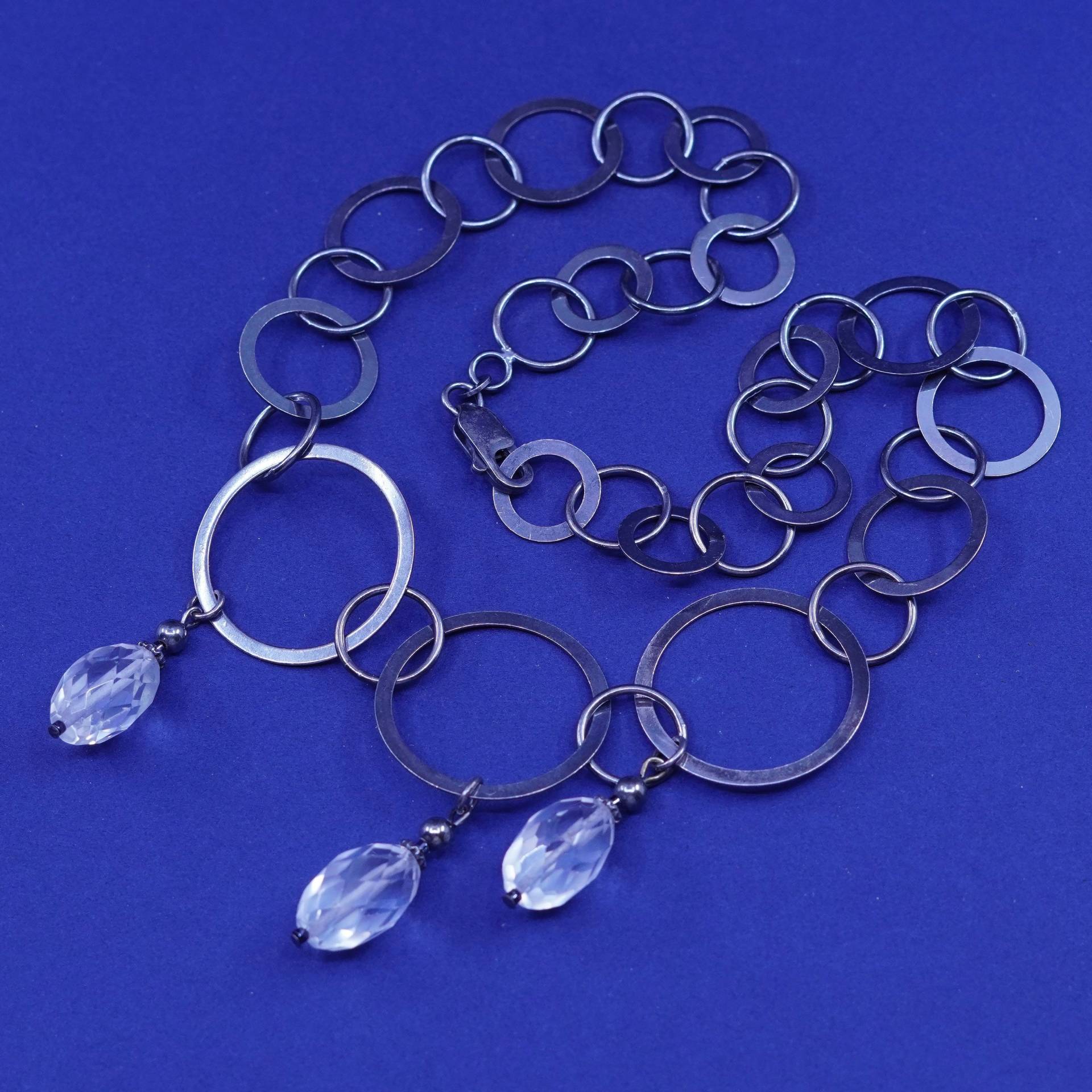 14", Vintage Sterling Silber Handgemachte Halskette, Oxidierter Flacher 925 Kreis Anhänger Mit Kristall, Gestempelt von SterlingLoverShop