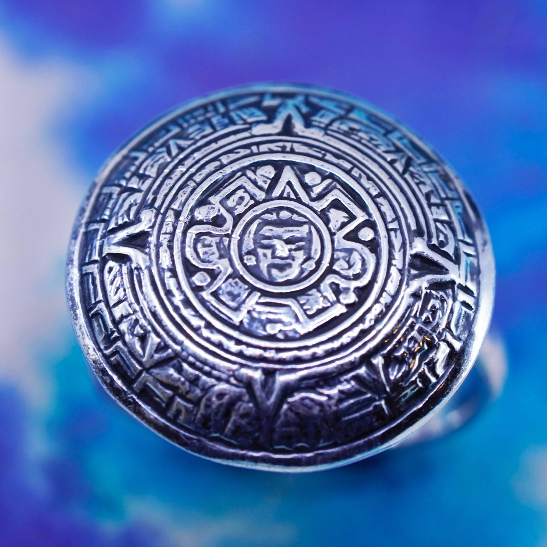 Größe 6, 5, Vintage Unikat Mexiko Sterling Silber Handarbeit Statement Ring, 925 Maya Kalender Band, Gestempelt von SterlingLoverShop