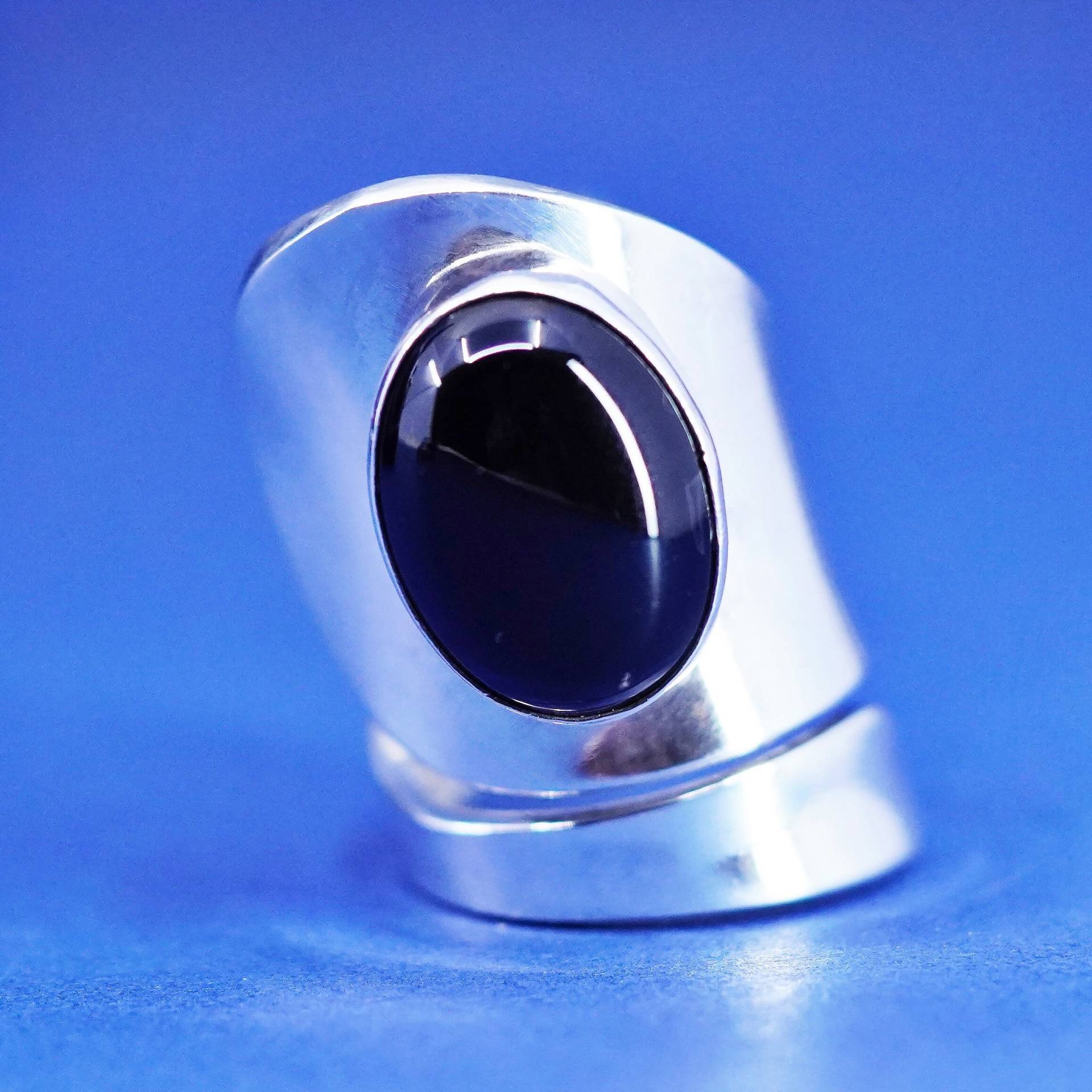 Größe 6, Vintage Sterling 925 Silber Handgemacht Breiter Wickelring Mit Schwarzem Onyx, Gestempelt von SterlingLoverShop