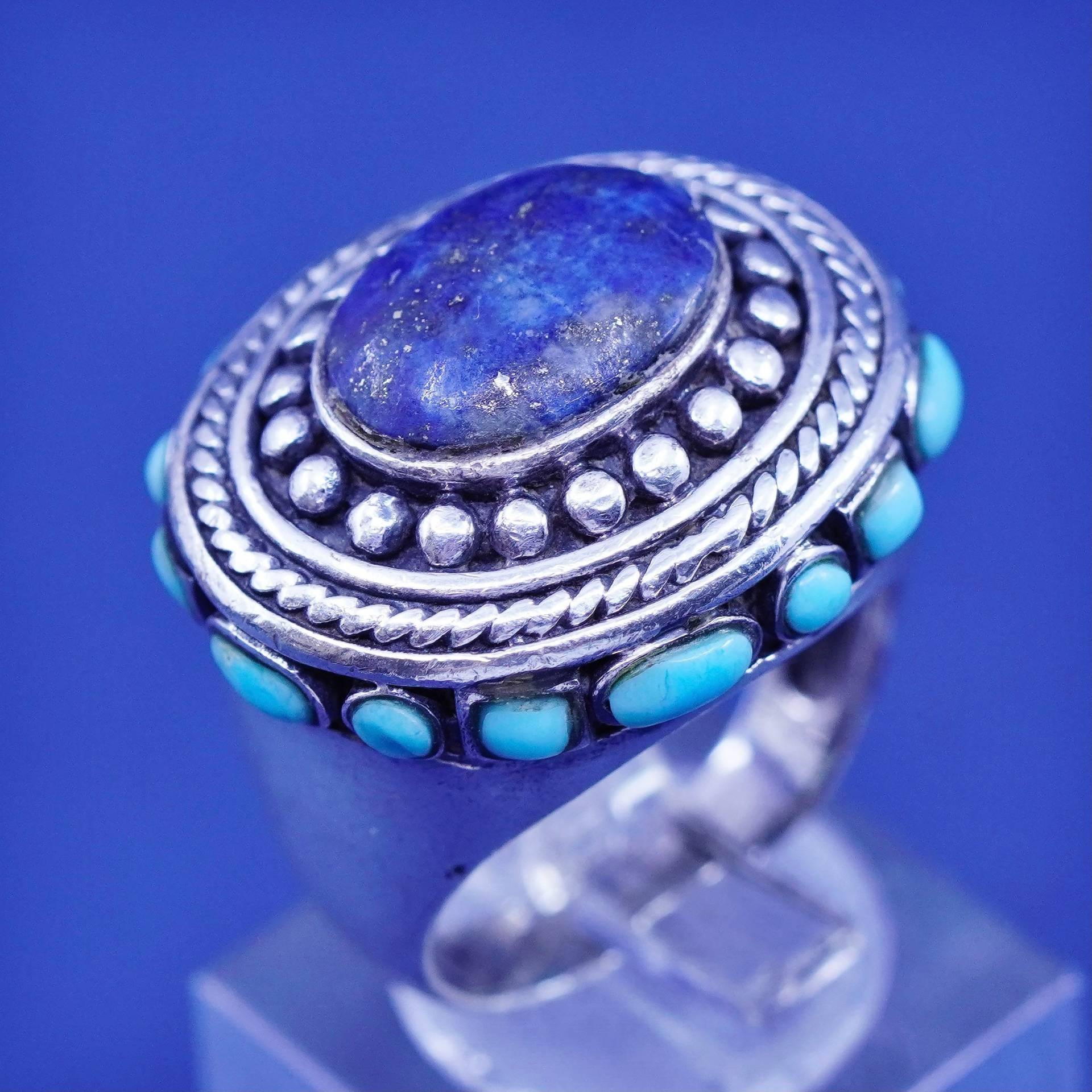 Größe 7, Vintage Sterling Silber Handgemachter Statement Ring Mit Lapislazuli Und Türkis Perlen, Gestempelt 925 von SterlingLoverShop