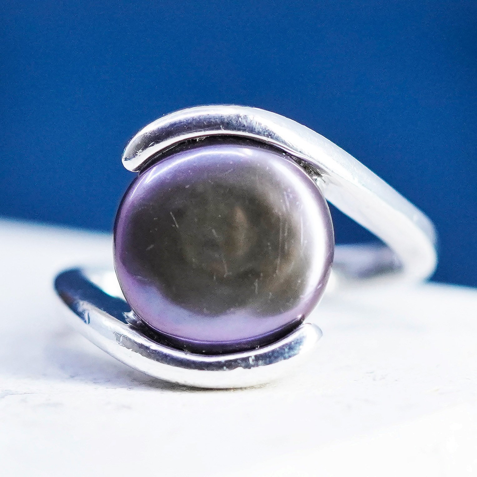 Größe 9, 25, Vintage Strukturierter Sterling 925 Silber Ring Mit Münze Schwarze Perle, Gestempelt 925, Signiert von SterlingLoverShop