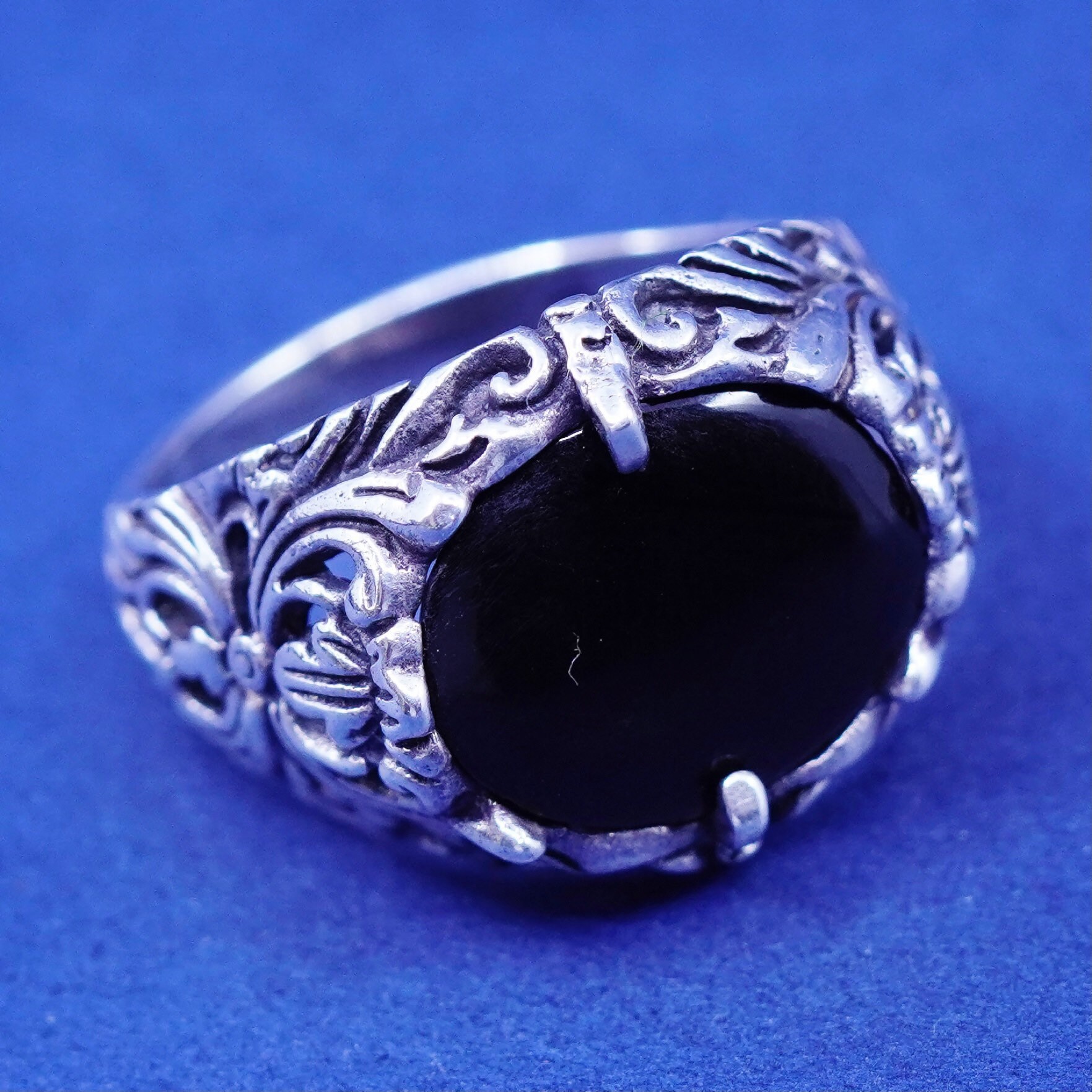 Größe 9, Vintage Sterling 925 Silber Handarbeit Ring Mit Onyx Und Filigranen Details, Silber Geprüft von SterlingLoverShop