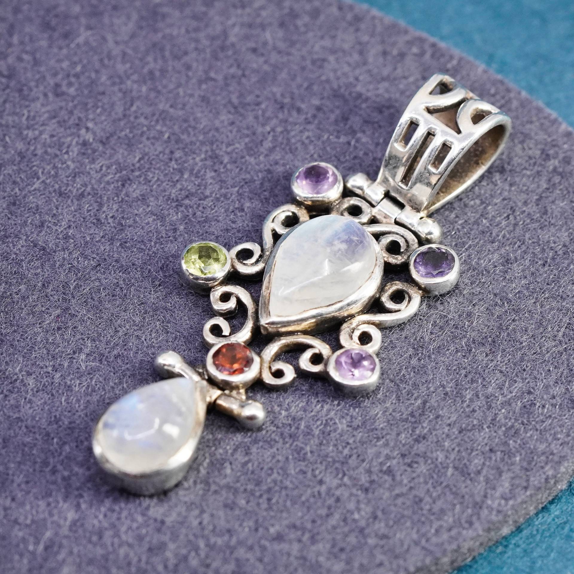 Vintage Sterling 925 Silber Handarbeit Anhänger Mit Tropfen Mondstein Und Peridot Amethyst Rubin, Gestempelt von SterlingLoverShop