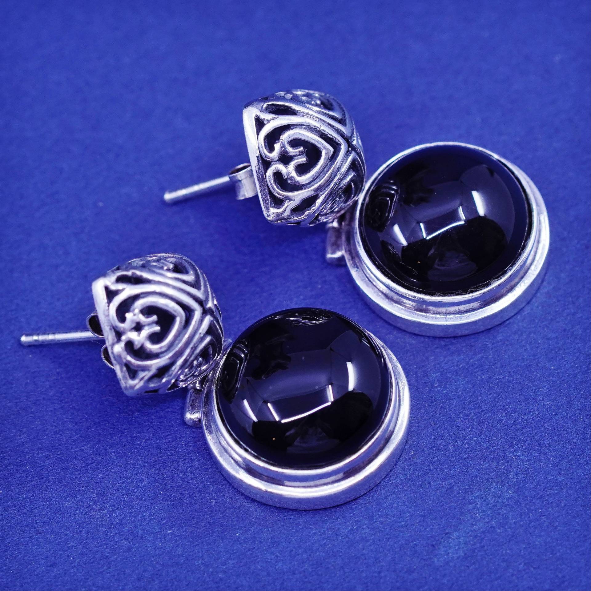 Vintage Sterling 925 Silber Handgemachte Filigrane Ohrringe Mit Runder Onyx, Gestempelt Nf von SterlingLoverShop