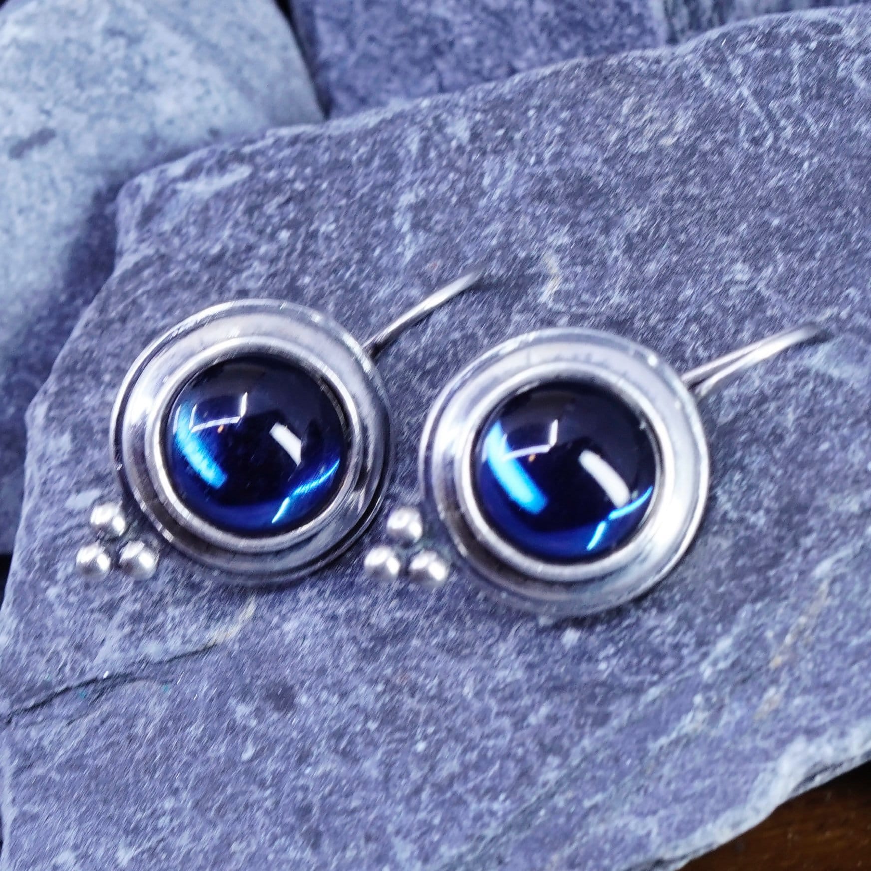 Vintage Sterling Silber Handgemachte Ohrringe, M Fain 925 Kreis Mit Blauem Kristall, Gestempelt von SterlingLoverShop