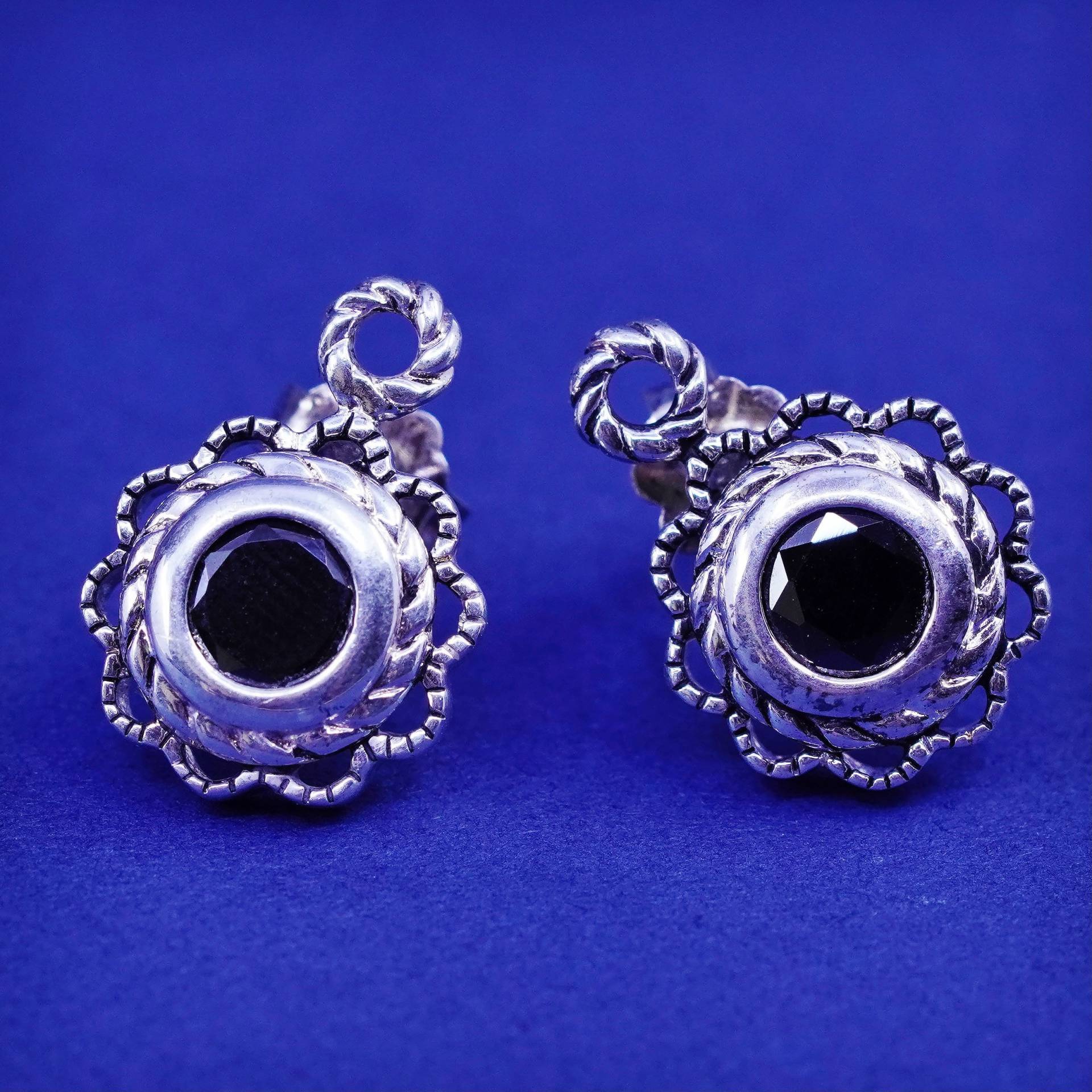 Vintage Sterling Silber Ohrringe, 925 Ohrstecker Mit Obsidian Und Kabel Rund, Gestempelt von SterlingLoverShop