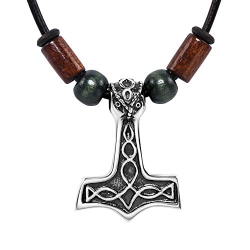 Herren Lederkette Mit Silbernem Wikinger Hammer Und Holzelementen von STERLL