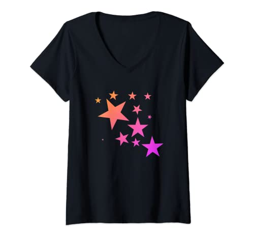Damen Bunte Orange Rosa Sterne im Stern-Muster Design Damen T-Shirt mit V-Ausschnitt von Stern-Motiv und Muster Design Geschenke