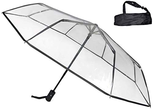 Sternenfunke Regenschirm transparent Ø98 cm Komfort Druckknopf Automatik faltbar klein in Tasche Taschenschirm transparent für Hochzeiten Taschen Regenschirm transparent klein - Rand schwarz von Sternenfunke