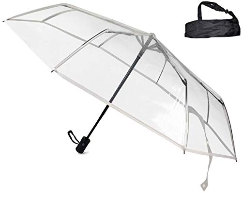 Sternenfunke Regenschirm transparent Ø98 cm Komfort Druckknopf mit Tragehülle Automatik faltbar klein in Tasche Taschenschirm transparent für Hochzeiten durchsichtiger Regenschirm klein - Rand weiß von Sternenfunke