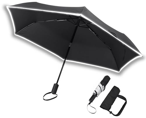 Sternenfunke Leichter Taschenschirm | 240g Automatik Regenschirm Schwarz Klein, Reflektierend, Sturmfest, Ø94 cm von Sternenfunke