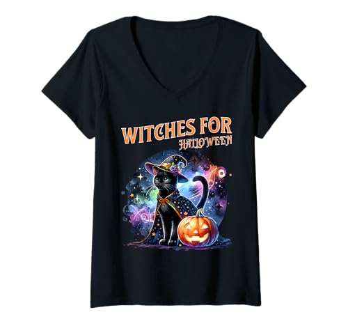 Damen Hexenkatzen zu Halloween mit Kürbismagie T-Shirt mit V-Ausschnitt von Sternenhimmel Katze in Zauberhafter Nacht