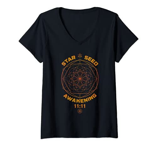 Damen Starseed Erwachen 11:11 Heilige Geometrie T-Shirt mit V-Ausschnitt von Sternensamen Erdmission