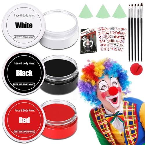 Halloween Clown Schminke Schwarz Weiß Rot Makeup mit 5 Pinseln,Halloween Vampir Makeup Creme Gesicht Körperfarbe SFX Make-up Joker Gothic Zombie Schminke für Erwachsene Kinder,Karneval, Wasserdicht von Sternhell