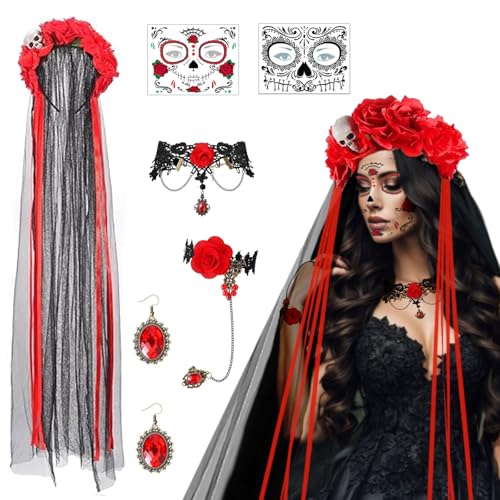 Halloween Tag der Toten Damen Kostüm Accessoires, Dia De Los Muertos Rosen Totenkopf Haarreif Schleier, Halloween Gesicht Tattoos, Gothic Halskette Armbänder Ohrringe für Karneval Fasching Halloween von Sternhell