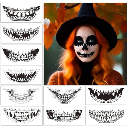 Halloween Tattoo Gesicht,10 Blatt Halloween Kostüm Damen Schminke Accessoires Mund Aufkleber, Temporäre Tattoos Zombie Skelett Vampir Kostüm Cosplay Gesichtstattoo Horror Halloween Deko Party Set von Sternhell