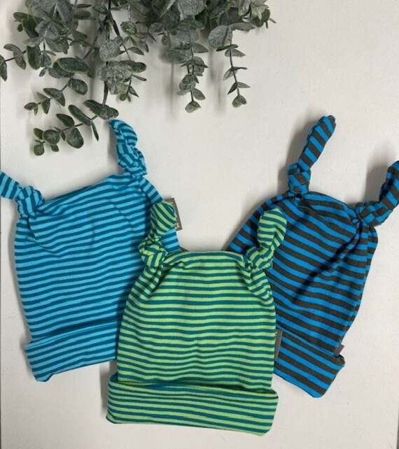 Baby Knötchen Mütze Aus Jersey -Braun/ Türkis - Unisex Gestreiftes Design Ideal Für Den Frühling von Sternschnuppeklaas