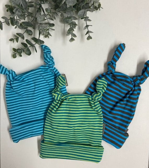 Baby Knötchen Mütze Aus Jersey -Braun/ Türkis - Unisex Gestreiftes Design Ideal Für Den Frühling von Sternschnuppeklaas