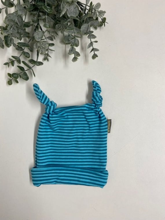Baby Knötchen Mütze Aus Jersey-Gr. 56 -Hellblau/Türkis - Unisex Gestreiftes Design Ideal Für Den Frühling von Sternschnuppeklaas