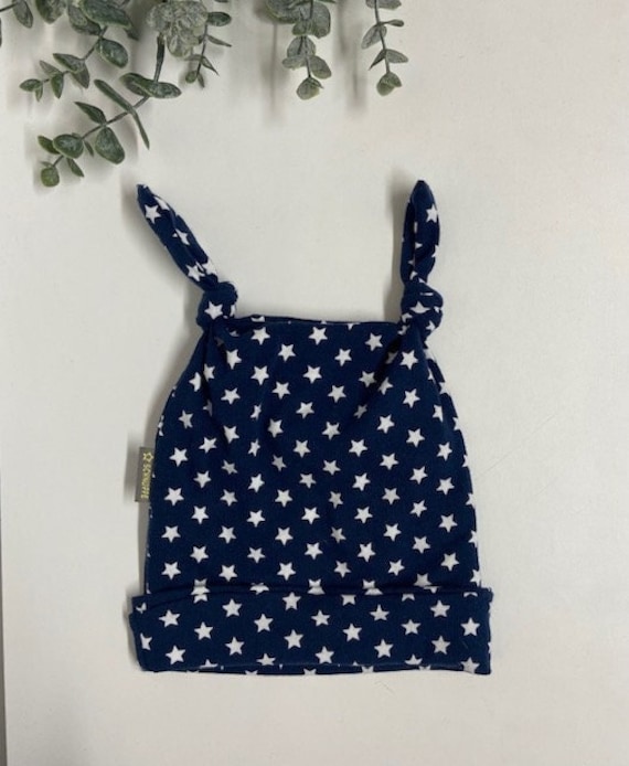 Baby Knötchen Mütze Aus Jersey- Gr. 74/80- Dunkelblau/ Weiße Sterne - Ideal Für Den Frühling von Sternschnuppeklaas