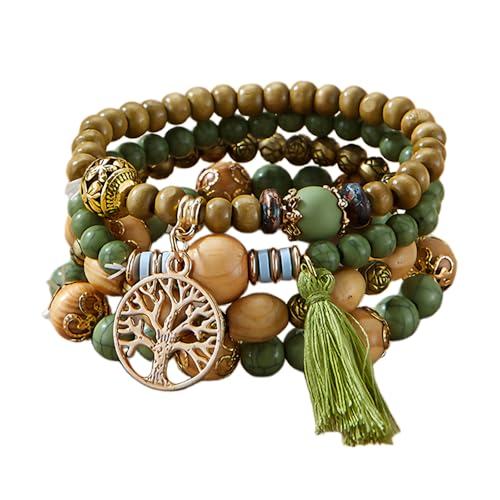 Sternstunde 4 Stück Boho Armbänder Damen, Chakra Armband für Frauen, Schmuck Boho Armreifen mit Holzperlen und Quaste, Chakra Armband, Lebensbaum-Charm, Liebe, Statement-Armreifen (I) von Sternstunde