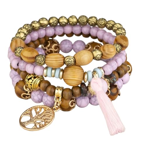 Sternstunde 4 Stück Boho Armbänder Damen, Chakra Armband für Frauen, Schmuck Boho Armreifen mit Holzperlen und Quaste, Chakra Armband, Lebensbaum-Charm, Liebe, Statement-Armreifen (J) von Sternstunde