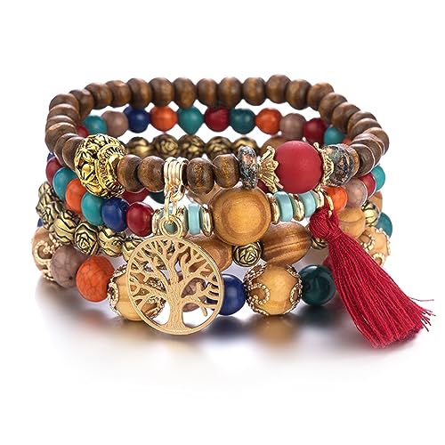 Sternstunde 4 Stück Boho Armbänder Damen, Chakra Armband für Frauen, Schmuck Boho Armreifen mit Holzperlen und Quaste, Chakra Armband, Lebensbaum-Charm, Liebe, Statement-Armreifen (A) von Sternstunde