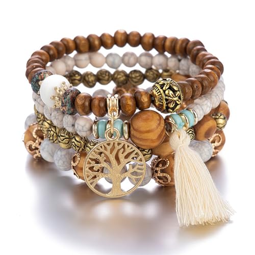 Sternstunde Boho Armbänder Damen im 4 Stück - Schmuck Boho Armreifen mit Holzperlen und Quaste, Chakra Armband, Lebensbaum-Charm, Liebe, Statement-Armreifen (C) von Sternstunde