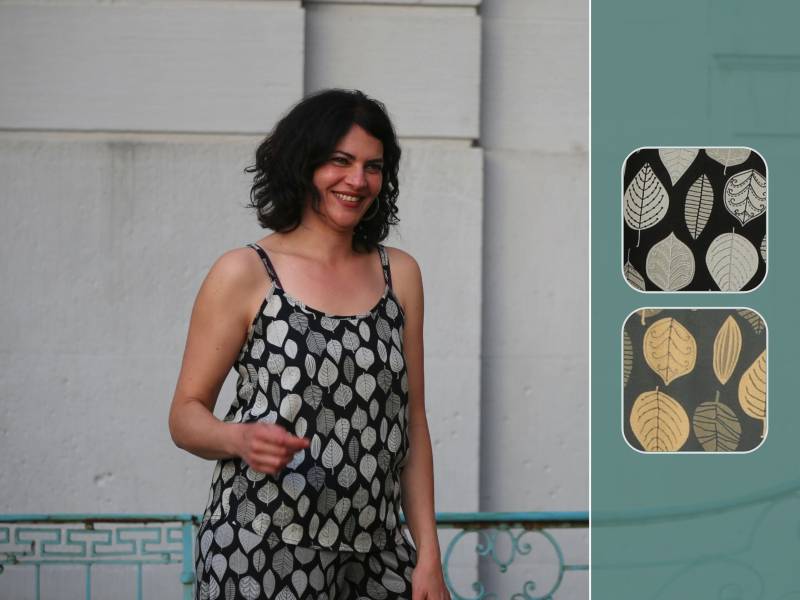Spaghetti Top Für Damen - Sommertop Frauen Mit Blätterprint in Schwarz Und Grau Handgefertigtes Leichtes Tanktop Aus Viskose von SternstundeStore