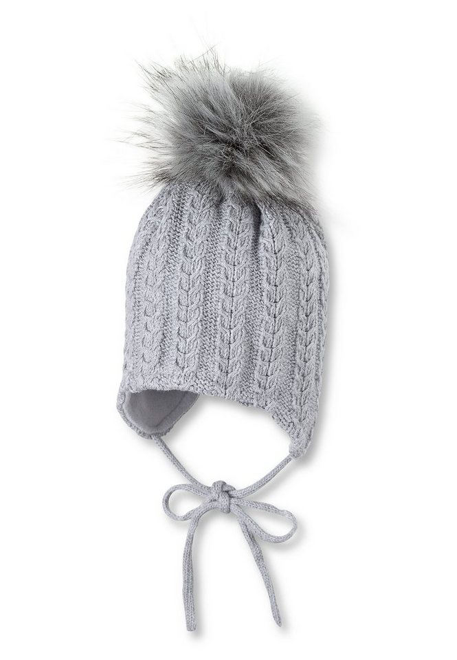 Sterntaler® Strickmütze Strickmütze (1-St., Strick Beanie für Kinder mit Ohrenklappen und Bindebänder) Mütze mit Kunstfell-Pompon mit Zopf-Muster von Sterntaler®